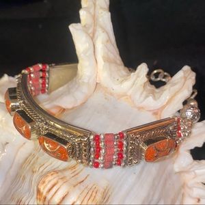 Detailed Tibetan Orange Turquoise + Red Coral handcrafted bracelet